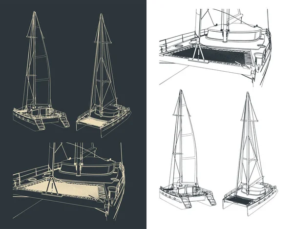 Stilisierte Vektorillustration Von Zeichnungen Eines Segel Katamarans — Stockvektor