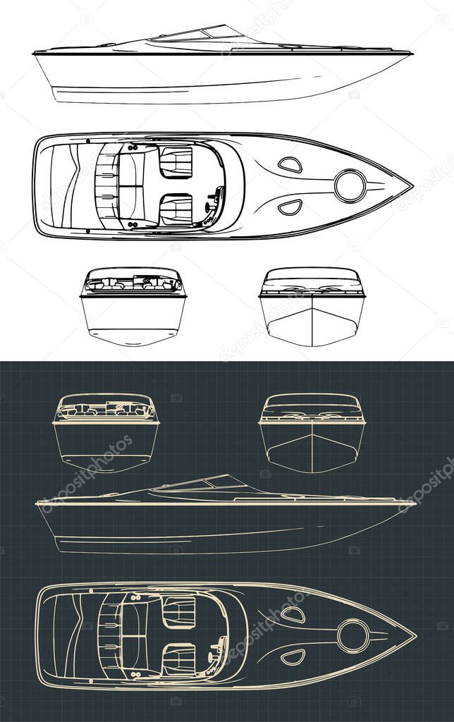 Stylized vector illustration of speed boat drawings