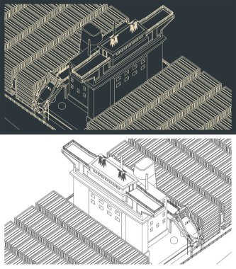 Büyük bir konteyner gemisi izometrik yakın plan çizimlerinin biçimlendirilmiş vektör çizimi