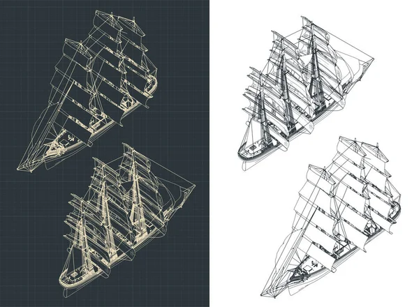 Illustration Vectorielle Stylisée Grand Voilier Trois Mâts Dessins Isométriques — Image vectorielle