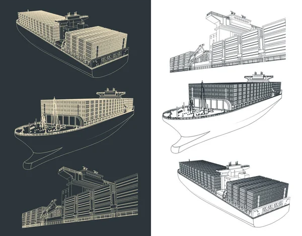 Ilustração Vetorial Estilizada Grandes Desenhos Navios Contêineres — Vetor de Stock