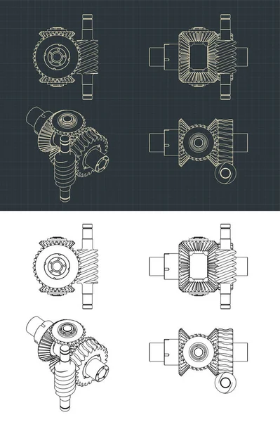 ワームギア図面と差動ギアシステムのスタイルベクトルイラスト — ストックベクタ