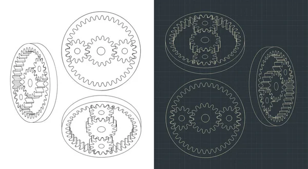 Stylized Vector Illustration Planetary Gears Drawings — Stock Vector