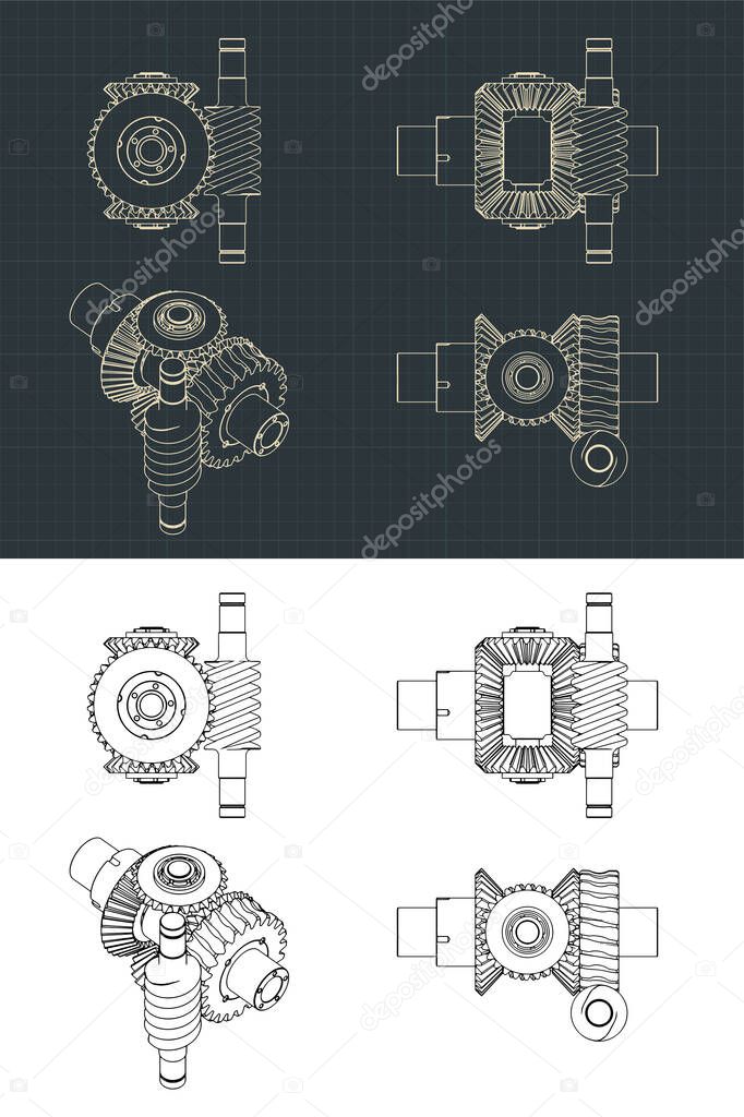 Stylized vector illustration of Differential gear system with worm gear drawings