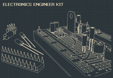 Elektrik mühendisleri ve elektronik meraklılarının eğitimi için bir dizi elektronik bileşenin stilize vektör çizimi