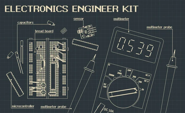 Ilustración Vectorial Estilizada Kit Componentes Electrónicos Para Ingenieros Electrónicos Entusiastas — Vector de stock