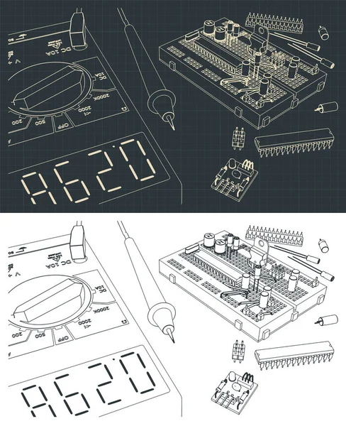 Stilizált Vektoros Illusztráció Elektrotechnikai Alkatrészek Készletéről Villamosmérnökök Elektronikai Rajongók Oktatásához — Stock Vector