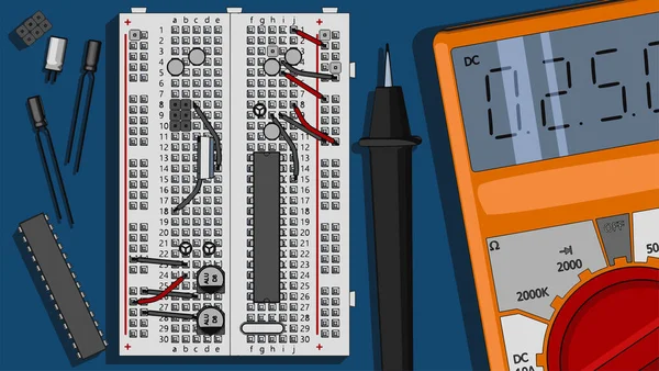 Ilustração Vetorial Estilizada Kit Componentes Eletrônicos Para Engenheiros Eletrônicos Entusiastas — Vetor de Stock