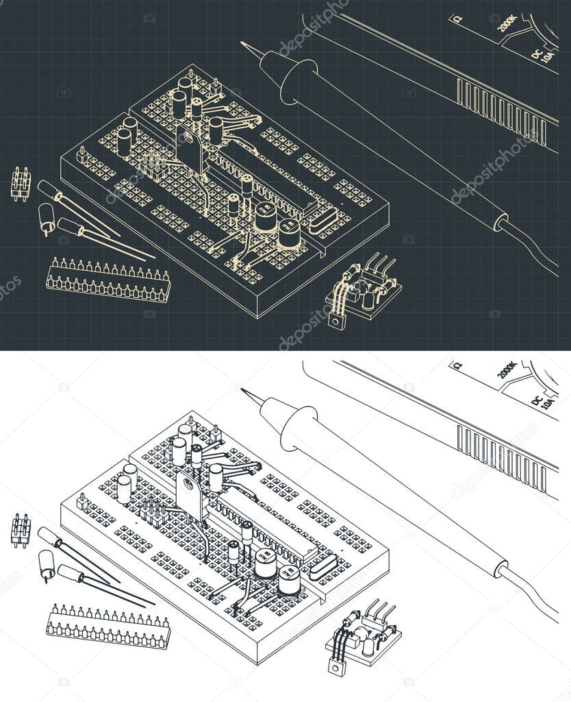 Stylized vector illustration of a set of electronics components for education of electrical engineers and electronics enthusiasts