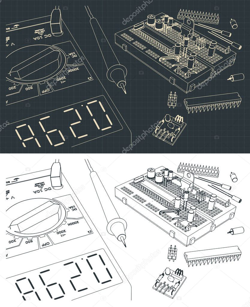 Stylized vector illustration of a set of electronics components for education of electrical engineers and electronics enthusiasts