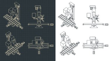 Üst cnc değirmen ve torna makinesi çizimlerinin biçimlendirilmiş vektör çizimi