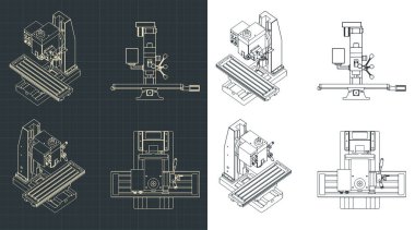 Üst cnc değirmen ve torna makinesi çizimlerinin biçimlendirilmiş vektör çizimi