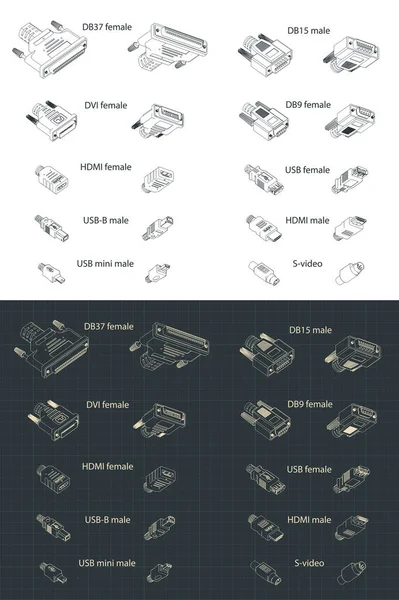 Ilustração Vetorial Estilizada Mini Conjunto Desenho Isométrico Plug Sockets Interface —  Vetores de Stock