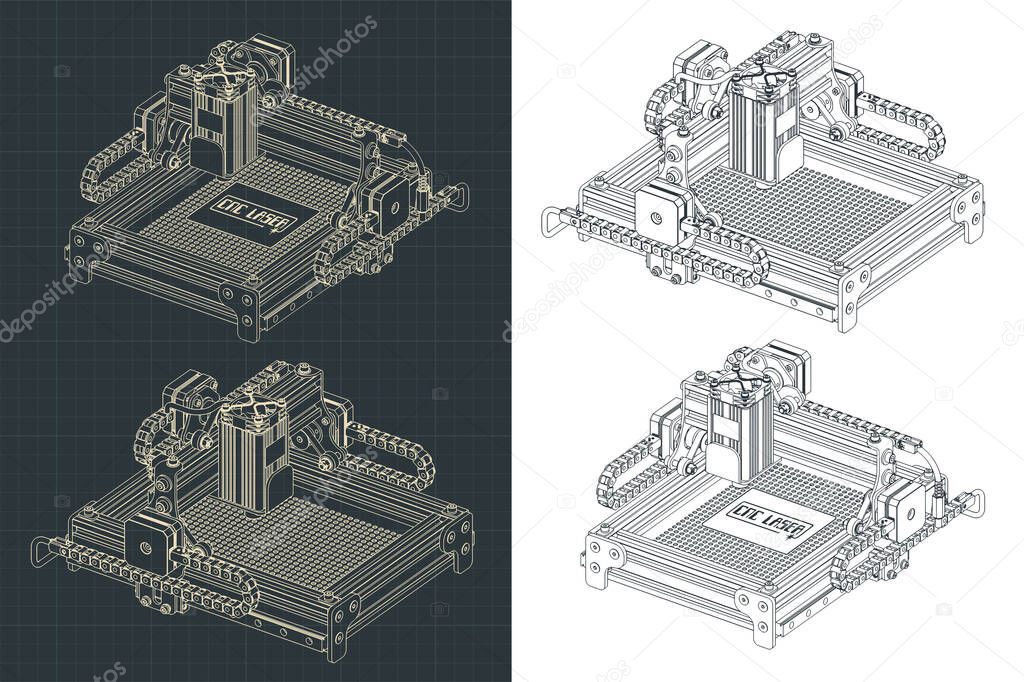 Stylized vector illustration of a CNC laser cutting and engraving machine