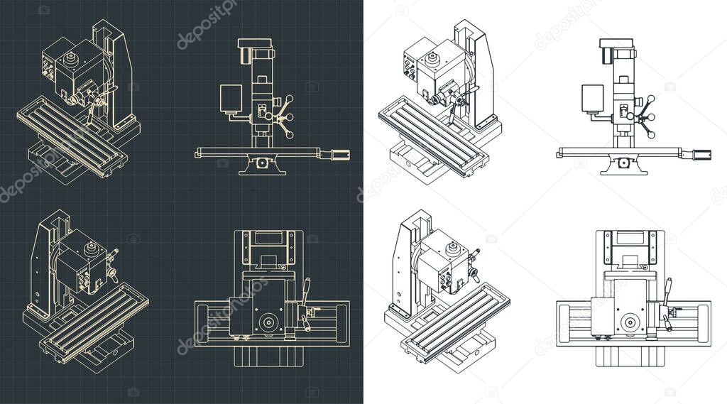 Stylized vector illustration of a table top cnc milling and lathe machine drawings