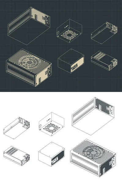 Ilustración Vectorial Estilizada Fuentes Alimentación Computadora Dibujos Isométricos Mini Set — Vector de stock