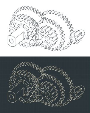 DC elektrikli motor vites azaltma izometrik çizimler biçimlendirilmiş vektör çizimleri