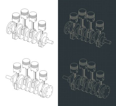 Crankshaft ve pistonlar izometrik planlar biçimlendirilmiş vektör çizimleri