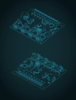 CNC main board isometric blueprint stylized vector illustration