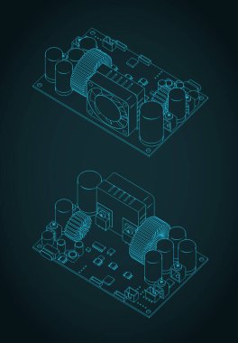 CNC DC adjustable buck power supply module voltage regulator isometric blueprint stylized vector illustrations