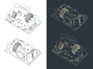 CNC DC adjustable buck power supply module voltage regulator isometric drawings stylized vector illustrations