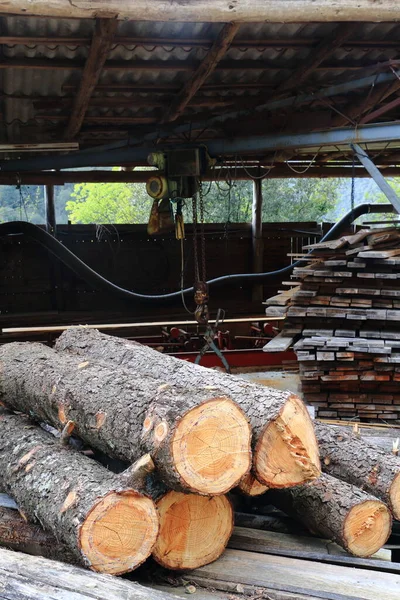 Een Zagerij Met Stammen Vooraan Een Stapel Planken Een Machine — Stockfoto