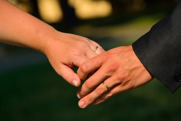 Pasgetrouwden Houden Elkaars Hand Vast Met Ringen Bruiloft — Stockfoto