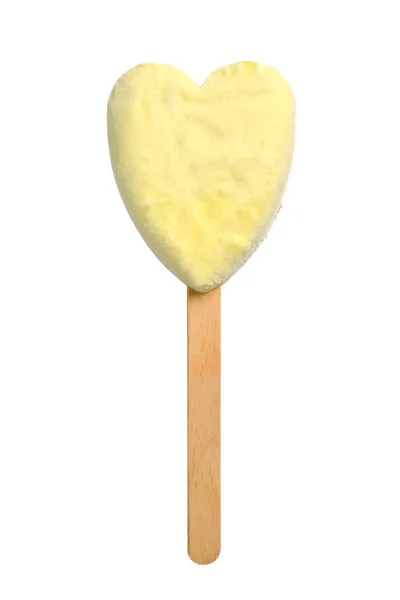 Tahta çubukta kalp şeklinde vanilyalı buz lolipop.