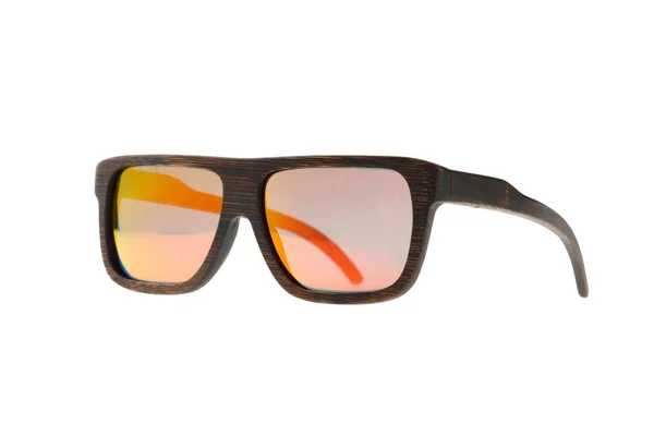 Gafas Sol Marrón Oscuro Madera Con Gafas Naranjas Sobre Fondo — Foto de Stock