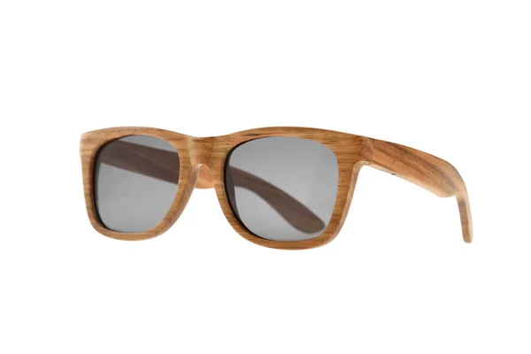 Gafas Sol Marrón Claro Madera Con Gafas Grises Sobre Fondo —  Fotos de Stock