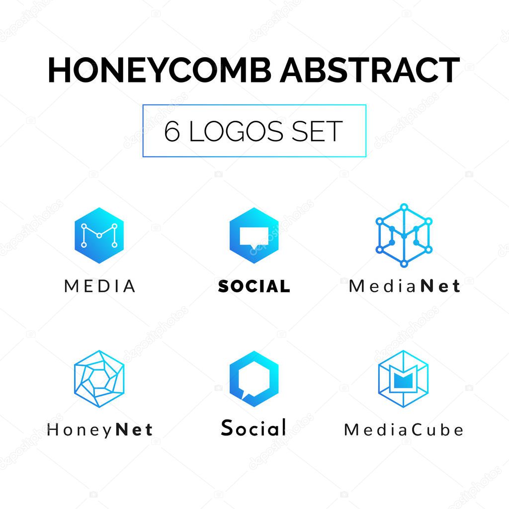 Hexagonal geometrical social network logo icon set with speech bubbles,letter M,simple lines.Honeycomb blue logotypes,labels,emblems,elements for net web design