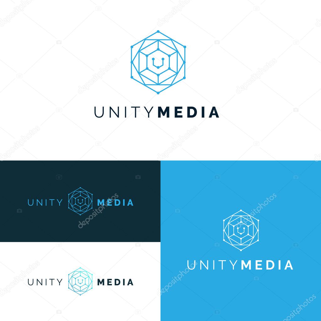 Hexagonal geometrical net web design logo icon set with letter U,simple lines.Honeycomb blue logotypes,labels,emblems,elements for Unity Media brand