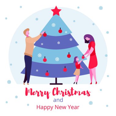 Modern çizgi film düz karakterler aile kış tatil, Merry Christmas mutlu yeni yıl kavramı.