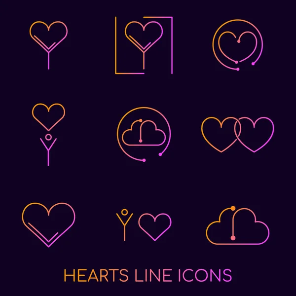Platte lijn harten logo's pictogrammen concept. Merk logo hart pictogram in verschillende vormen en composities, online webdesign — Stockvector