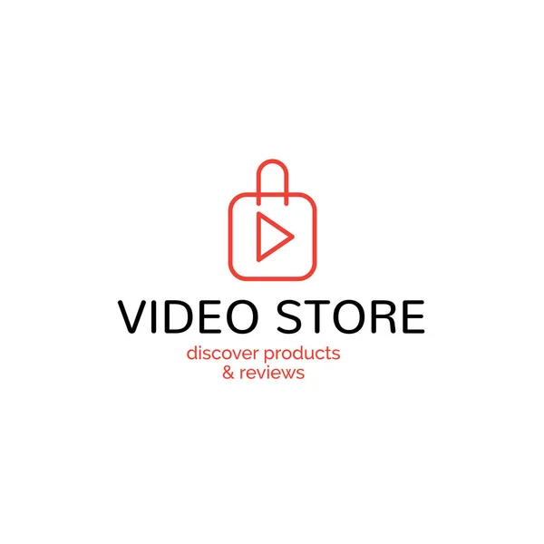 Video Store, revise el logotipo del emblema de la tienda de video blog, el botón de reproducción web en línea, la forma del paquete de la bolsa, las concepciones de red en el fondo blanco — Vector de stock