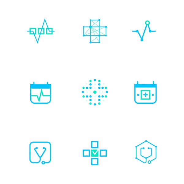 Platte lijn geneeskunde pictogrammen monochroom blauw embleem logo's, web online concept. Logo van hart puls, Rode Kruis, medische grafiek, stethoscoop pictogram in verschillende vormen composities — Stockvector