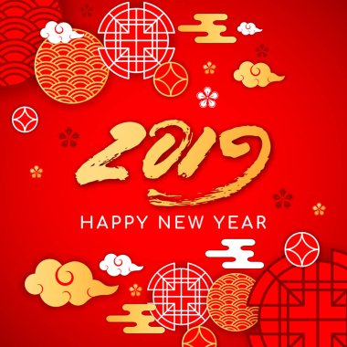 2019 mutlu Asyalılar yılbaşı kartpostal, Doğu Asya geleneksel Kore Japon Çin tarzı desen dekorasyon öğeleri, web sayfası arka planı. Koreliler altın beyaz geleneği süslü geometrik şekiller, formlar