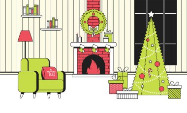 Yeni yıl Noel düz çizgi film iç kavramı vektör tarzı yumuşak renk. Yanan şömine ve yeni yıl çorap, Festival xmas ağacı, süsleme toplar, hediye kutuları, çelenk ile kapalı görünüm yay geceleri