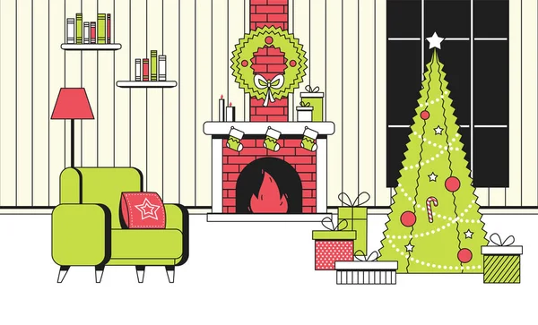 Color suave Año Nuevo Navidad plana de dibujos animados concepto interior vector style.Indoor vista con chimenea y calcetines de año nuevo, árbol de Navidad festivo, bolas de adorno, cajas de regalo, corona arco en la noche — Archivo Imágenes Vectoriales