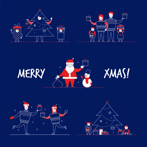 Kreslenými postavičkami byt rodinnou zimní dovolenou, populární maskoti Santa Claus, sněhulák veselé transparenty koncept sada. Ploché malé šťastných lidí na svetr, kostýmy, nový rok stromu, dárkové krabičky, Bruslení — Stockový vektor
