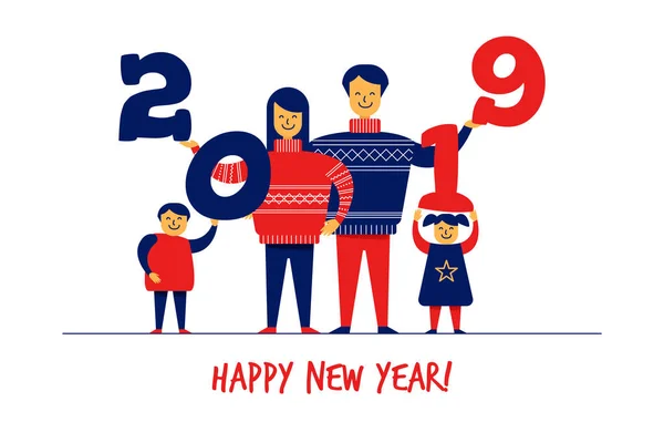 Ploché, kreslený chlapec, dívka, rodinné znaky, šťastný a veselý nový rok blahopřání banner koncept. Spokojený úsměv plochý lidí v svetry s čísly 2019 v rukou, oslava pohlednice — Stockový vektor