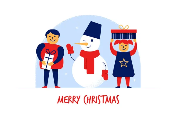 Плоский мультяшный мальчик, девочка, персонажи Снеговика, Рождественская новогодняя открытка концепция баннера. Популярный зимний талисман, Счастливые улыбающиеся плоские дети с подарочными коробками, праздничная открытка — стоковый вектор