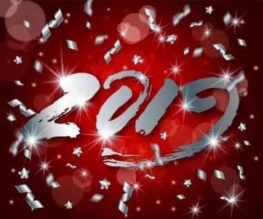 Yeni yıl vektör 3d arka plan ile gümüş yıldız, parlak 3d numaraları 2019, Mercek Parlaması, konfeti, ışık yanıp söner, vurgulamak daireler, tebrik kartı, web online kavramı kırmızı derin zemin üzerinde