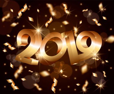 Yeni yıl vektör 3d arka plan ile altın 3d sayılar 2019, Mercek Parlaması, konfeti, parlayan yıldız, ışık yanıp söner, vurgulamak daireler, tebrik kartı, siyah zemin üzerinde web online kavramı