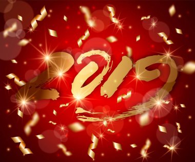 Yeni yıl vektör 3d arka plan ile altın 3d sayılar 2019, Mercek Parlaması, konfeti, parlayan yıldız, ışık yanıp söner, vurgulamak daireler, tebrik kartı, web online kavramı kırmızı derin zemin üzerinde