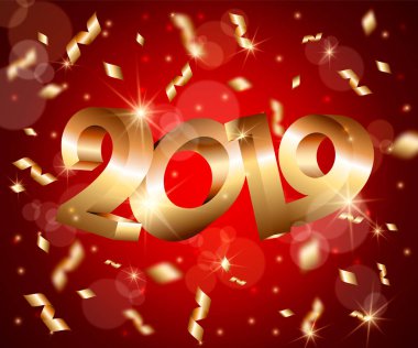 Yeni yıl vektör 3d arka plan ile altın 3d sayılar 2019, Mercek Parlaması, konfeti, parlayan yıldız, ışık yanıp söner, vurgulamak daireler, tebrik kartı, web online kavramı kırmızı derin zemin üzerinde