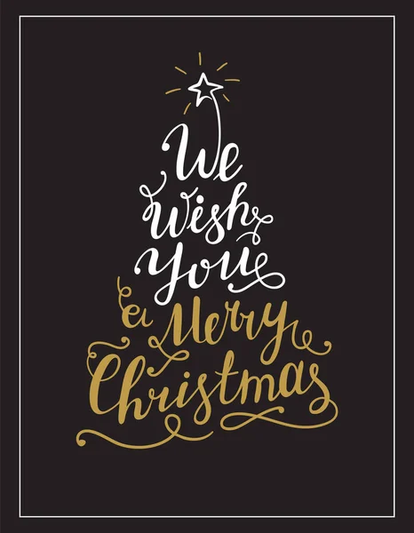 Wij wensen u een vrolijk kerstfeest belettering van de tekst in de vorm van een kerstboom. Kalligrafie gouden tekst voor wenskaarten of posters op zwarte achtergrond. — Stockvector
