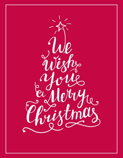 Желаем Вам счастливого рождественского текста в форме рождественской ёлки. Белый текст каллиграфии для поздравительных открыток или плакатов на красном фоне . — стоковый вектор