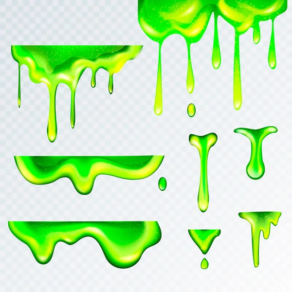 3d realistico bava di goo verde, illustrazione vettoriale.Pozzanghere, gocce e gocce di bava liquida in stile realismo — Vettoriale Stock