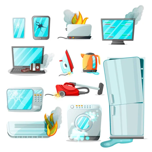 Electrodomésticos planos de la electrónica de consumo de la historieta con diversos daños, sistema del vector. Teléfono móvil de los bienes domésticos rotos, tableta, ordenador portátil, monitor, microondas, refrigerador, lavadora, aspiradora etc. — Vector de stock